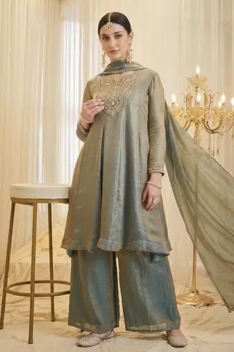 Embroidered Silk Flared Kurta Palazzo and Dupatta Set