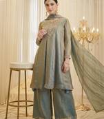 Embroidered Silk Flared Kurta Palazzo and Dupatta Set