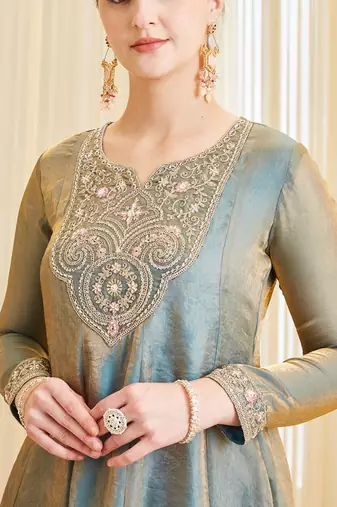 Embroidered Silk Flared Kurta Palazzo and Dupatta Set