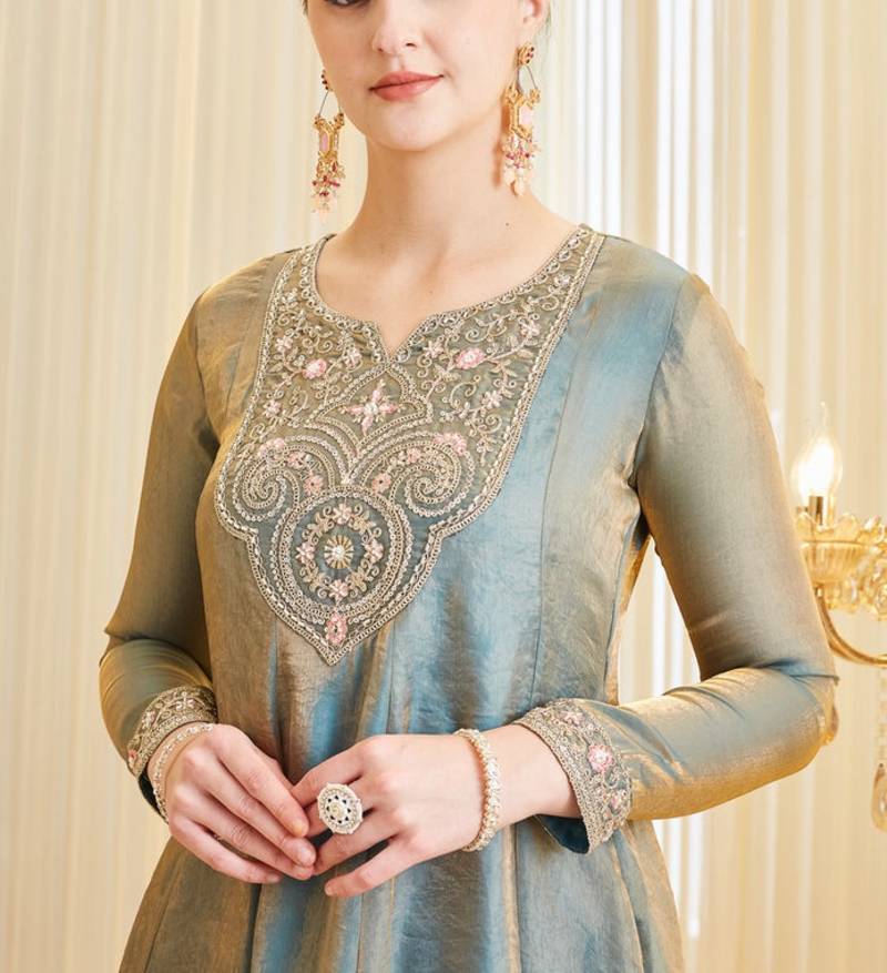 Embroidered Silk Flared Kurta Palazzo and Dupatta Set