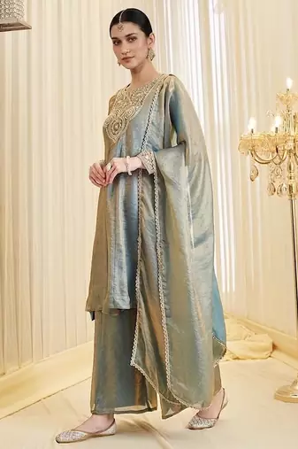 Embroidered Silk Flared Kurta Palazzo and Dupatta Set