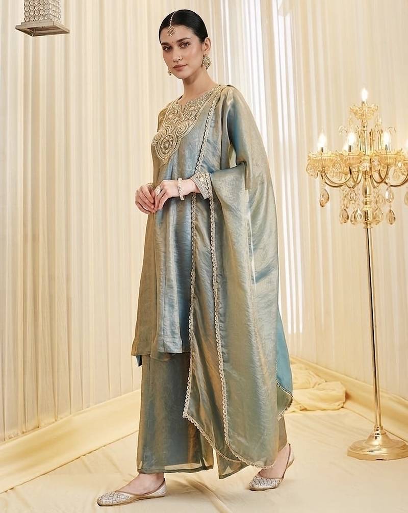 Embroidered Silk Flared Kurta Palazzo and Dupatta Set