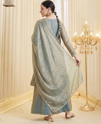 Embroidered Silk Flared Kurta Palazzo and Dupatta Set 4
