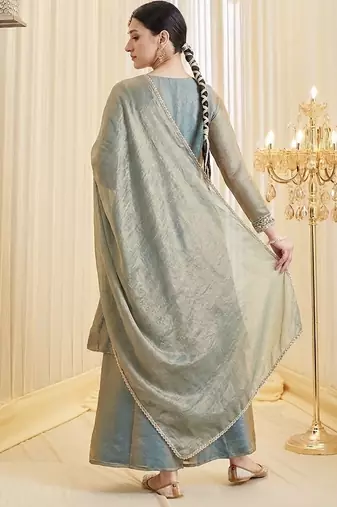 Embroidered Silk Flared Kurta Palazzo and Dupatta Set