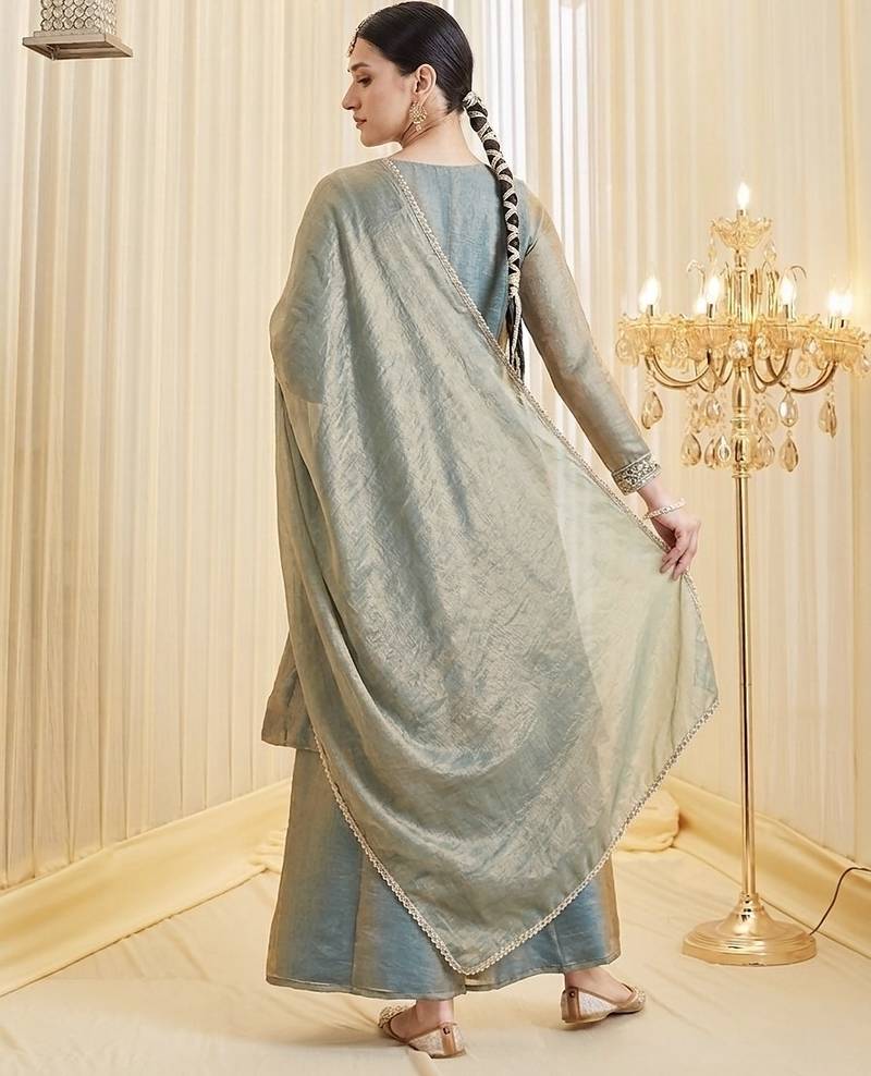 Embroidered Silk Flared Kurta Palazzo and Dupatta Set