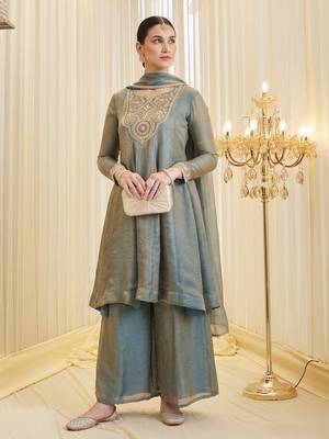 Embroidered Silk Flared Kurta Palazzo and Dupatta Set 5