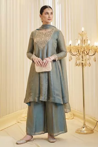 Embroidered Silk Flared Kurta Palazzo and Dupatta Set