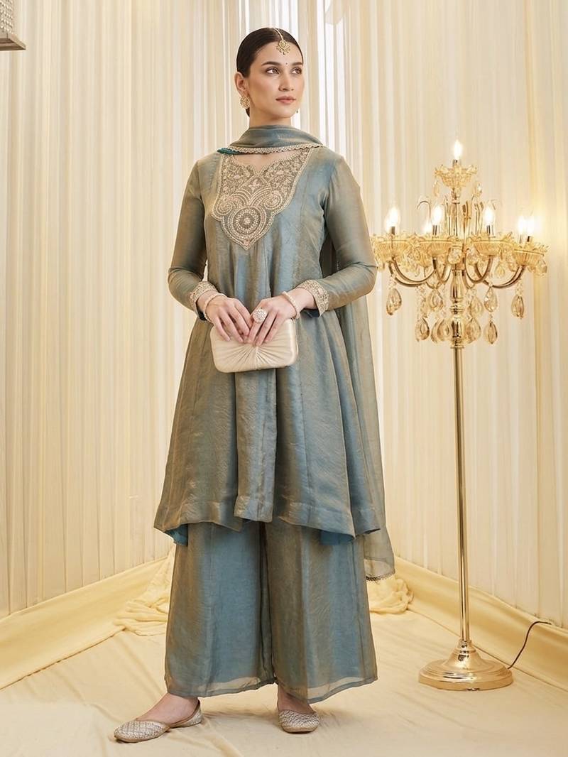 Embroidered Silk Flared Kurta Palazzo and Dupatta Set