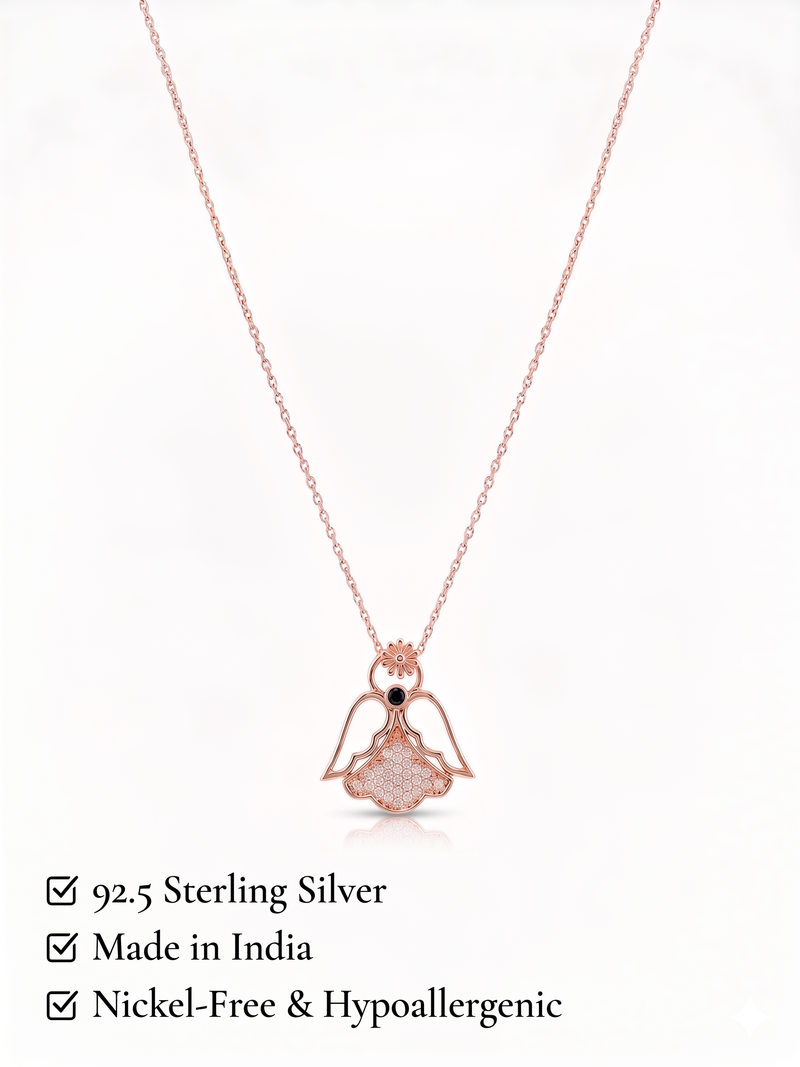 925 Sterling Silver Rose Gold Plated Angel Pendant Necklace Set  for Women