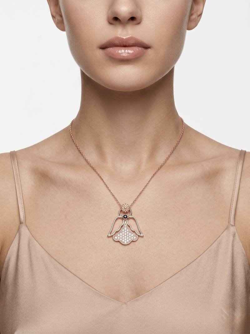 925 Sterling Silver Rose Gold Plated Angel Pendant Necklace Set  for Women