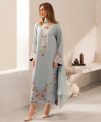 Women's Gorgeous Thread Work Chanderi Silk Fabric Straight Kurta Pant and Dupatta Set 5