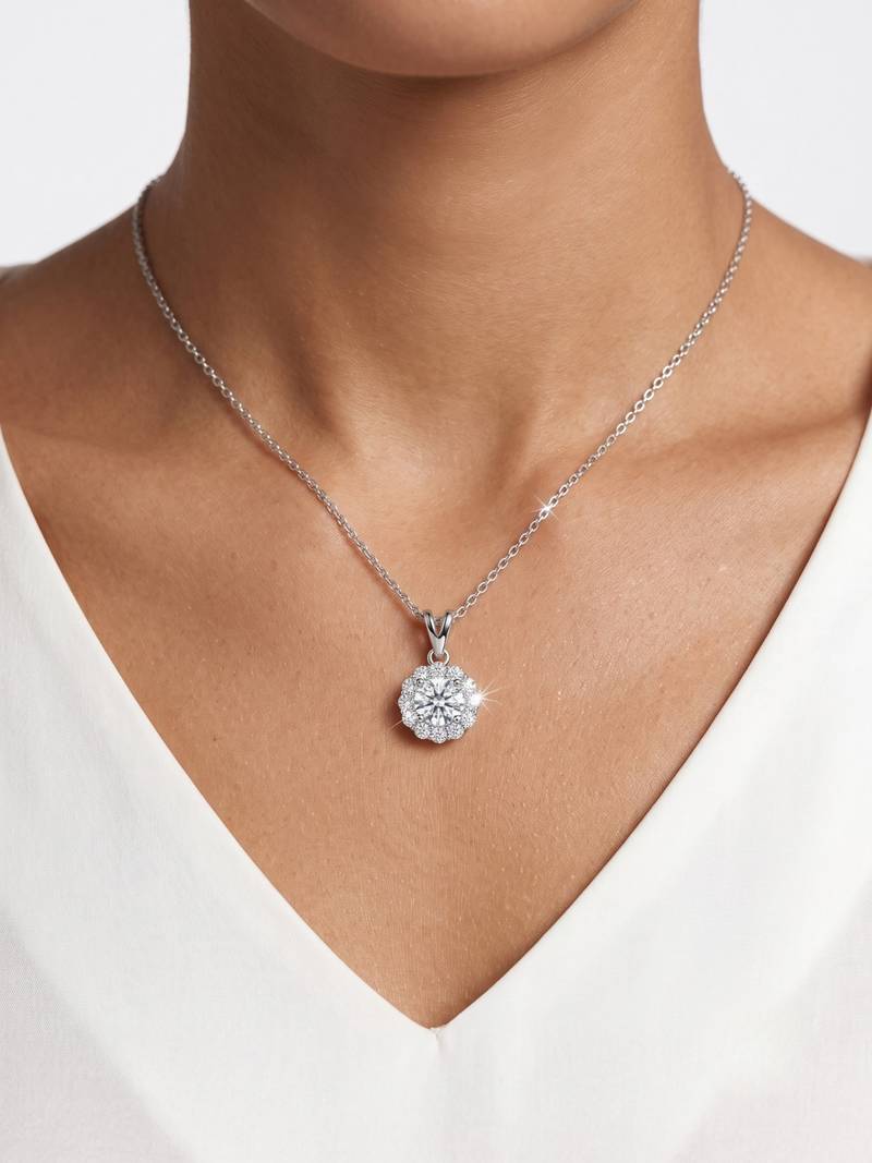 925 Sterling Silver Rhodium Plated Floral Halo CZ Pendant Necklace Set for Women