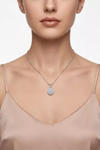 925 Sterling Silver Rhodium Plated Floral Halo CZ Pendant Necklace Set for Women