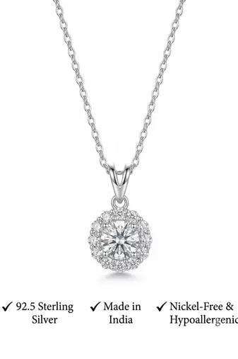 925 Sterling Silver Rhodium Plated Floral Halo CZ Pendant Necklace Set for Women
