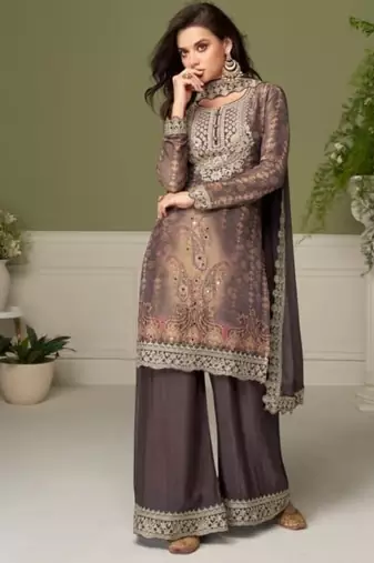 Brown chinon silk full stitched free size upto 42