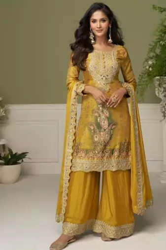 Yellow chinon silk full stitched free size upto 42