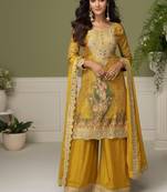 Yellow chinon silk full stitched free size upto 42