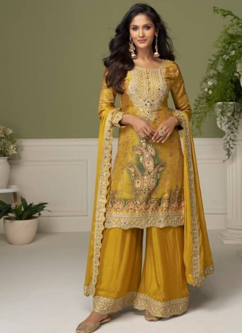 Yellow chinon silk full stitched free size upto 42