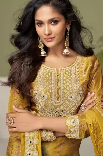 Yellow chinon silk full stitched free size upto 42