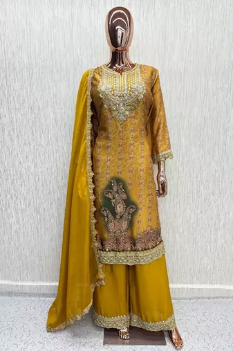 Yellow chinon silk full stitched free size upto 42