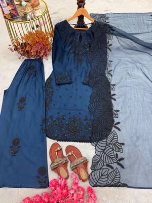 Blue Color Embroidery And Sequence Work Satin Salwar Suit 3