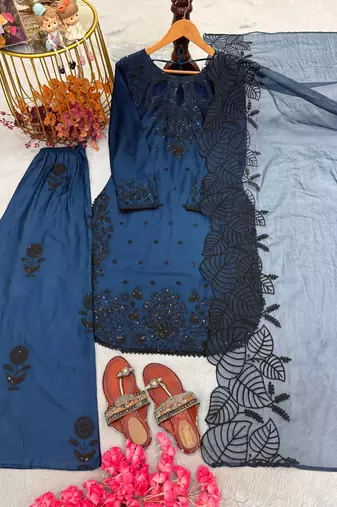 Blue Color Embroidery And Sequence Work Satin Salwar Suit