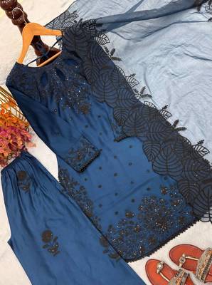 Blue Color Embroidery And Sequence Work Satin Salwar Suit 4