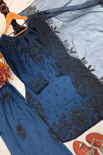 Blue Color Embroidery And Sequence Work Satin Salwar Suit