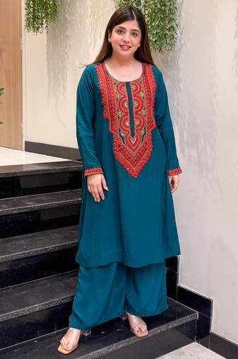 Embroidered French Crepe Straight Kurta Palazzo Set