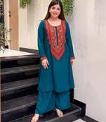 Embroidered French Crepe Straight Kurta Palazzo Set