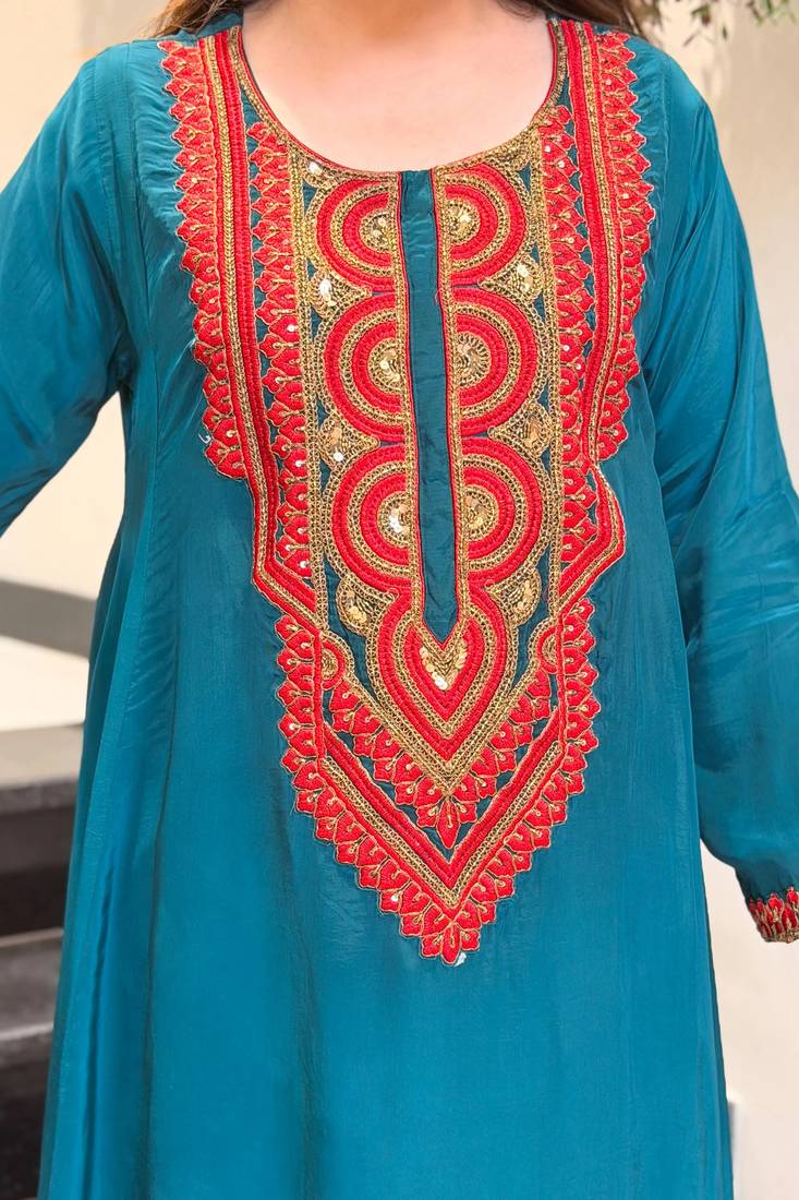 Embroidered French Crepe Straight Kurta Palazzo Set