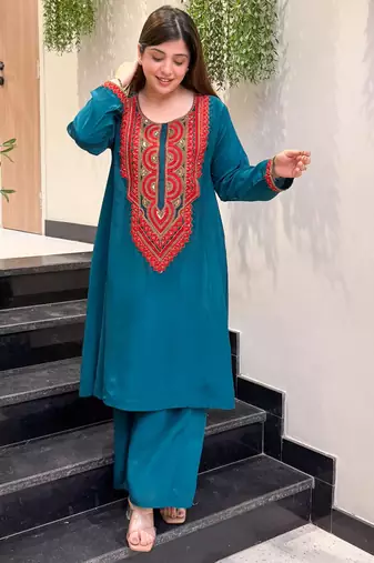Embroidered French Crepe Straight Kurta Palazzo Set