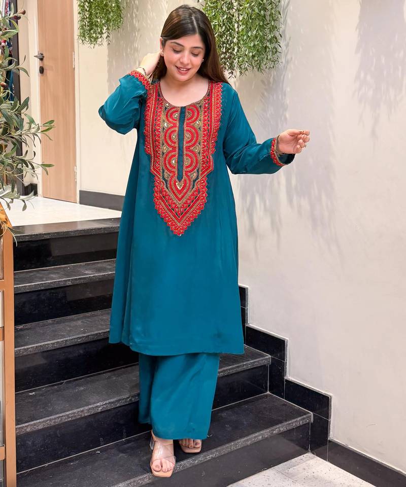 Embroidered French Crepe Straight Kurta Palazzo Set