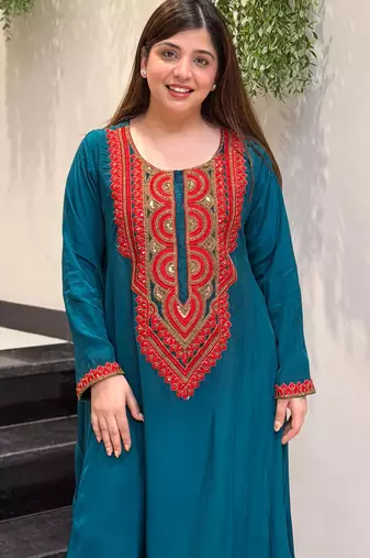 Embroidered French Crepe Straight Kurta Palazzo Set