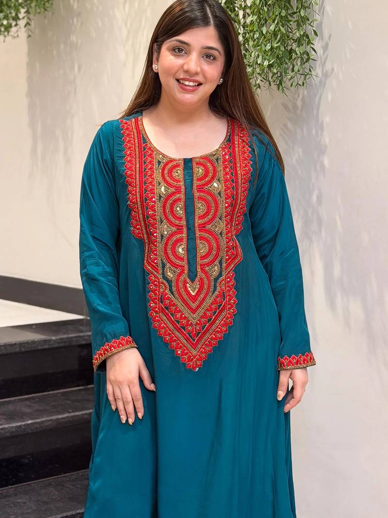 Embroidered French Crepe Straight Kurta Palazzo Set