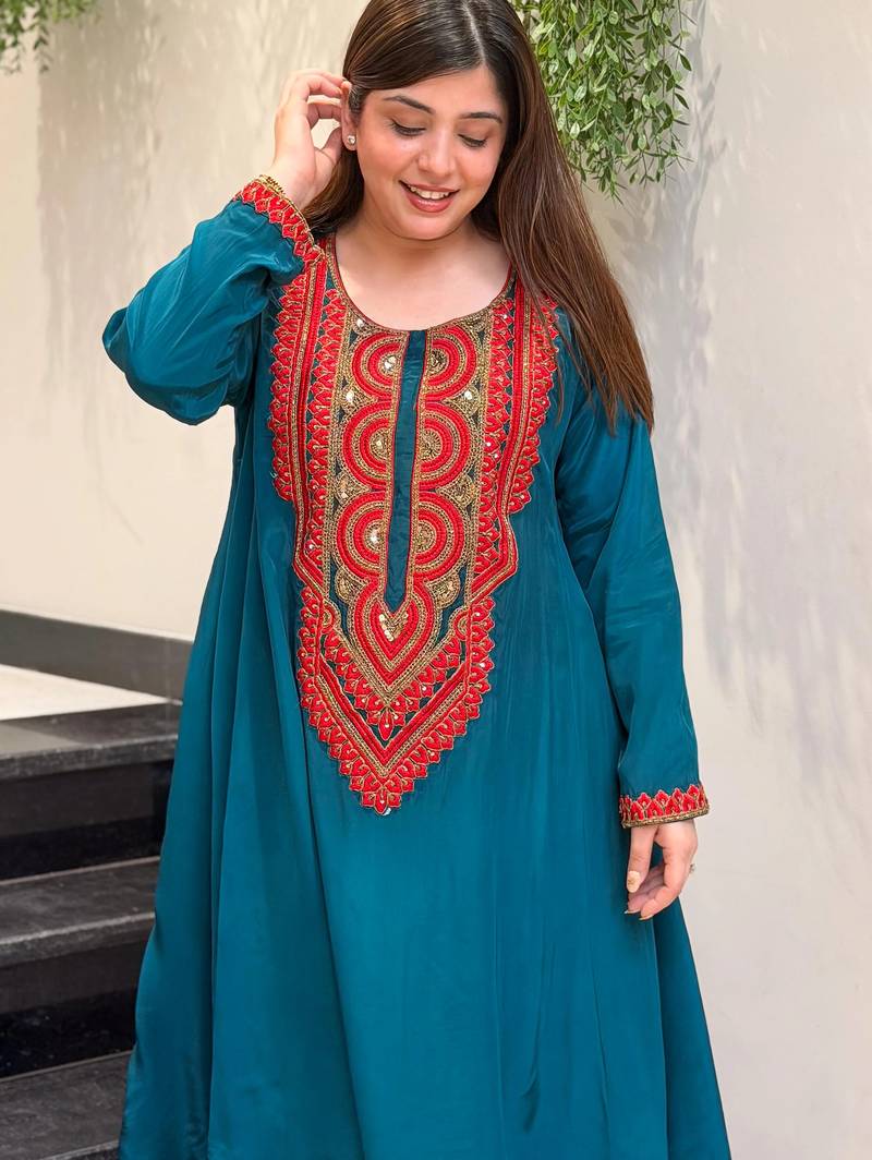 Embroidered French Crepe Straight Kurta Palazzo Set
