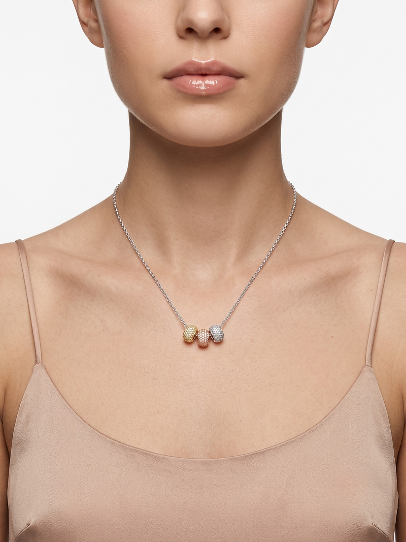 925 Sterling Silver Tri-Color CZ Bead Pendant Necklace Set for Women
