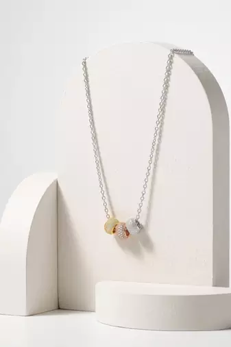 925 Sterling Silver Tri-Color CZ Bead Pendant Necklace Set for Women