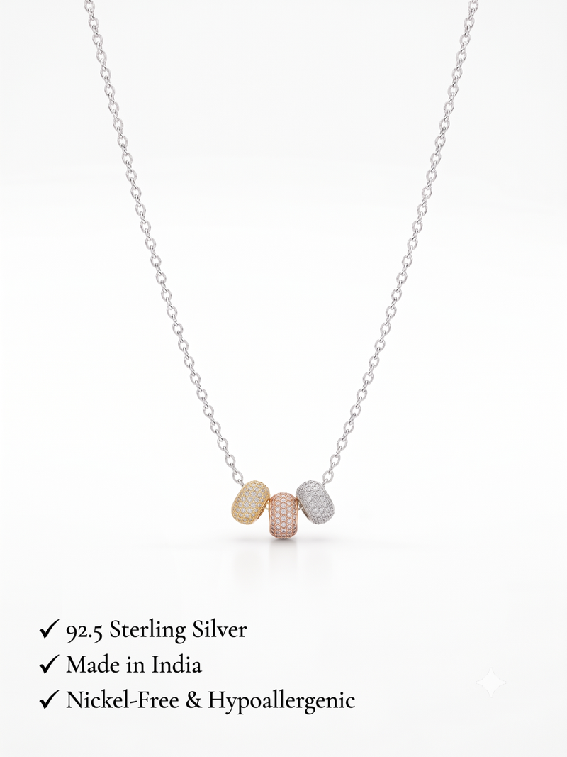 925 Sterling Silver Tri-Color CZ Bead Pendant Necklace Set for Women