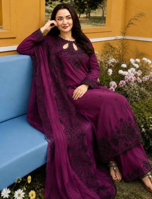 Dark Magenta Color Embroidery And Sequence Work Satin Salwar Suit 1