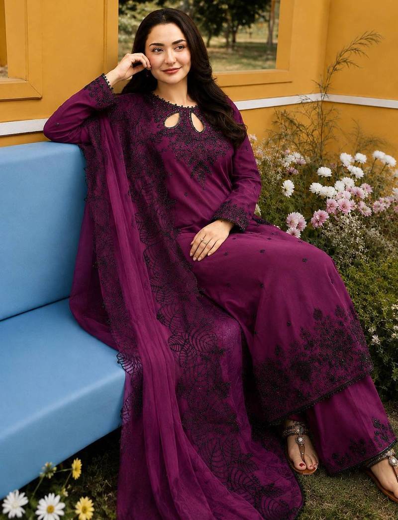 Dark Magenta Color Embroidery And Sequence Work Satin Salwar Suit