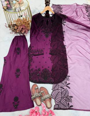 Dark Magenta Color Embroidery And Sequence Work Satin Salwar Suit 3