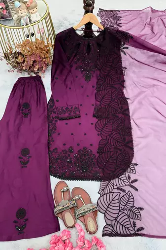 Dark Magenta Color Embroidery And Sequence Work Satin Salwar Suit