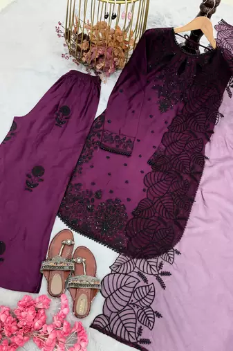Dark Magenta Color Embroidery And Sequence Work Satin Salwar Suit
