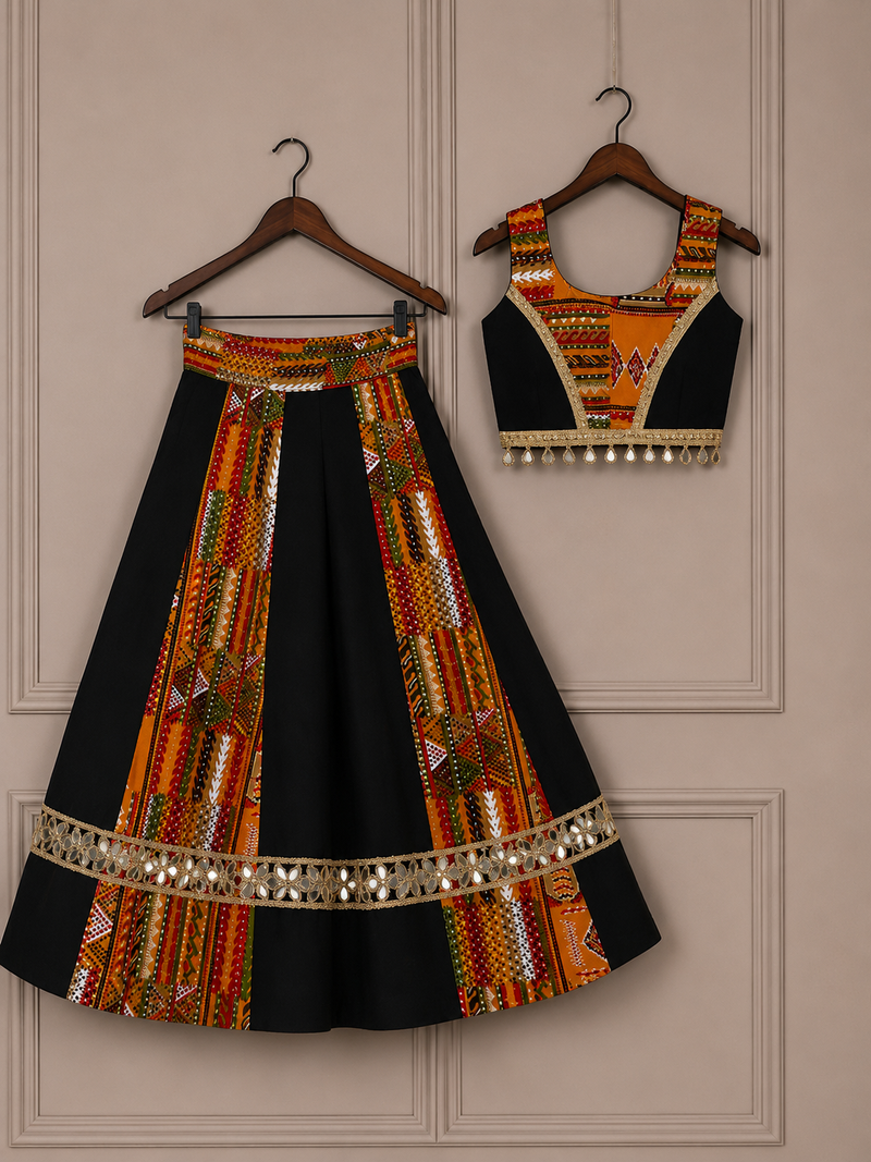Black rayon & roman silk mirrorless chaniya choli for navratri festival
