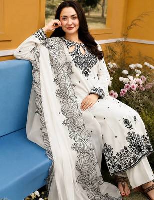 White Color Embroidery And Sequence Work Satin Salwar Suit 1