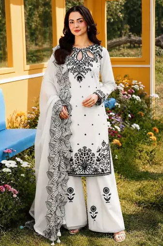 White Color Embroidery And Sequence Work Satin Salwar Suit