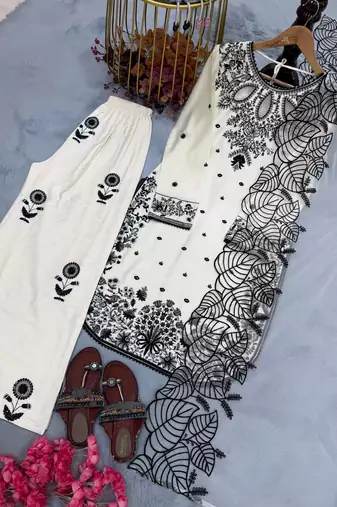 White Color Embroidery And Sequence Work Satin Salwar Suit