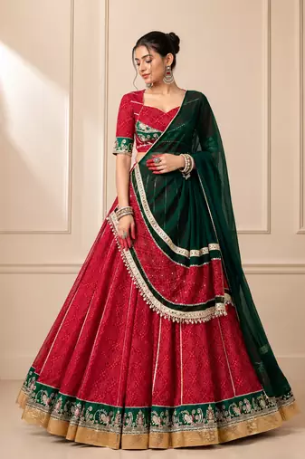 Red Bandhej Foil Print Georgette Navratri Lehenga Choli