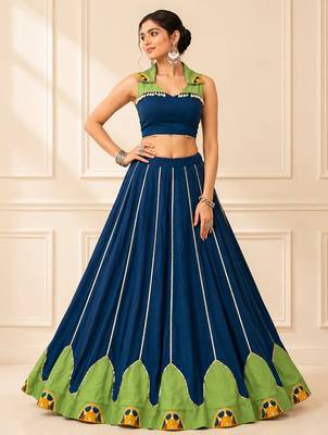Blue Rayon Gamthi Work Navratri Lehenga Choli 1
